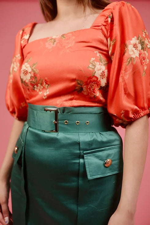 Myra Orange Floral Top With Skirt
